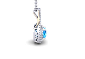 1.5 Carat Cushion Cut Blue Topaz & Double Halo Diamond Necklace In 14K White Gold (2.8 G), 18 Inches, I/J By SuperJeweler