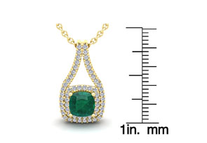 1-1/2 Carat Cushion Cut Emerald Cut Necklaces W/ Double Halo Diamonds In 14K Yellow Gold (2.8 G), 18 Inch Chain (I-J, SI2-I1) By SuperJeweler