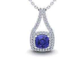 1 1/3 Carat Cushion Cut Tanzanite & Double Halo Diamond Necklace In 14K White Gold (2.8 G), 18 Inches, I/J By SuperJeweler