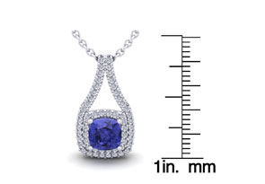 1 1/3 Carat Cushion Cut Tanzanite & Double Halo Diamond Necklace In 14K White Gold (2.8 G), 18 Inches, I/J By SuperJeweler