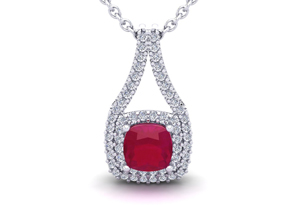 1 2/3 Carat Cushion Cut Ruby & Double Halo Diamond Necklace In 14K White Gold (2.8 G), 18 Inches, I/J By SuperJeweler