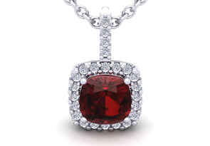 3 1/2 Carat Cushion Cut Garnet & Halo Diamond Necklace In 14K White Gold (2.4 G), 18 Inches, I/J By SuperJeweler