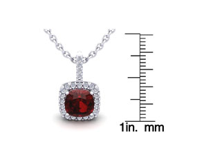 3 1/2 Carat Cushion Cut Garnet & Halo Diamond Necklace In 14K White Gold (2.4 G), 18 Inches, I/J By SuperJeweler