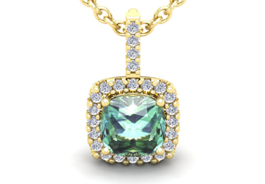 2.5 Carat Cushion Cut Green Amethyst & Halo Diamond Necklace In 14K Yellow Gold (2.4 G), 18 Inches, I/J By SuperJeweler