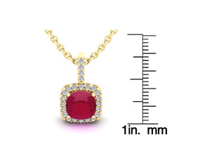 3 1/2 Carat Cushion Cut Ruby & Halo Diamond Necklace In 14K Yellow Gold (2.4 G), 18 Inches, I/J By SuperJeweler