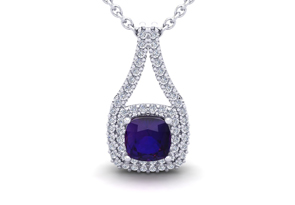 2 Carat Cushion Cut Amethyst & Double Halo Diamond Necklace In 14K White Gold (3.5 G), 18 Inches, I/J By SuperJeweler