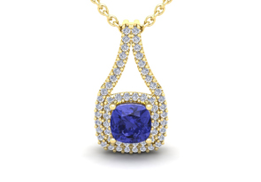 2 Carat Cushion Cut Tanzanite & Double Halo Diamond Necklace In 14K Yellow Gold (3.5 G), 18 Inches, I/J By SuperJeweler