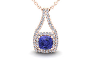 2 Carat Cushion Cut Tanzanite & Double Halo Diamond Necklace In 14K Rose Gold (3.5 G), 18 Inches, I/J By SuperJeweler