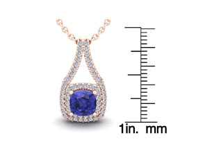 2 Carat Cushion Cut Tanzanite & Double Halo Diamond Necklace In 14K Rose Gold (3.5 G), 18 Inches, I/J By SuperJeweler