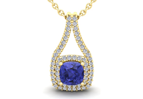 3 1/3 Carat Cushion Cut Tanzanite & Double Halo Diamond Necklace In 14K Yellow Gold (3.9 G), 18 Inches, I/J By SuperJeweler