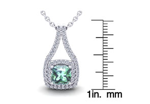 2 3/4 Carat Cushion Cut Green Amethyst & Double Halo Diamond Necklace In 14K White Gold (3.9 G), 18 Inches, I/J By SuperJeweler
