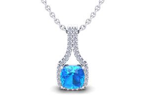 1 1/3 Carat Cushion Cut Blue Topaz & Classic Halo Diamond Necklace In 14K White Gold (2.1 G), 18 Inches, I/J By SuperJeweler