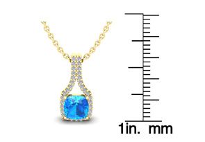 1 1/3 Carat Cushion Cut Blue Topaz & Classic Halo Diamond Necklace In 14K Yellow Gold (2.1 G), 18 Inches, I/J By SuperJeweler