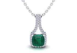 1-1/3 Carat Cushion Cut Emerald Cut Necklaces W/ Diamond Halo In 14K White Gold (2.1 G), 18 Inch Chain (I-J, SI2-I1) By SuperJeweler