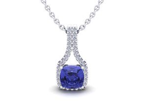 1.25 Carat Cushion Cut Tanzanite & Classic Halo Diamond Necklace In 14K White Gold (2.1 G), 18 Inches, I/J By SuperJeweler