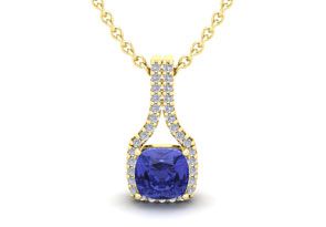1.25 Carat Cushion Cut Tanzanite & Classic Halo Diamond Necklace In 14K Yellow Gold (2.1 G), 18 Inches, I/J By SuperJeweler