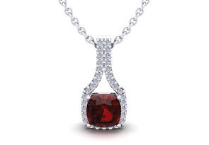 1 1/3 Carat Cushion Cut Garnet & Classic Halo Diamond Necklace In 14K White Gold (2.1 G), 18 Inches, I/J By SuperJeweler