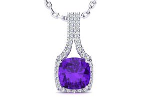 2 Carat Cushion Cut Amethyst & Classic Halo Diamond Necklace In 14K White Gold (2.8 G), 18 Inches, I/J By SuperJeweler