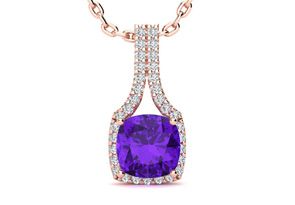 2 Carat Cushion Cut Amethyst & Classic Halo Diamond Necklace In 14K Rose Gold (2.8 G), 18 Inches, I/J By SuperJeweler