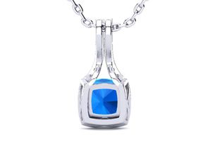 2 Carat Cushion Cut Blue Topaz & Classic Halo Diamond Necklace In 14K White Gold (2.8 G), 18 Inches, I/J By SuperJeweler