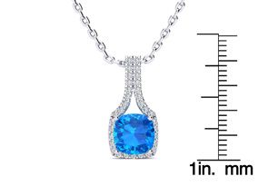 2 Carat Cushion Cut Blue Topaz & Classic Halo Diamond Necklace In 14K White Gold (2.8 G), 18 Inches, I/J By SuperJeweler