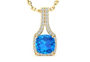 2 Carat Cushion Cut Blue Topaz & Classic Halo Diamond Necklace In 14K Yellow Gold (2.8 G), 18 Inches, I/J By SuperJeweler