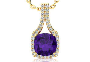 2.5 Carat Cushion Cut Amethyst & Classic Halo Diamond Necklace In 14K Yellow Gold (3.5 G), 18 Inches, I/J By SuperJeweler