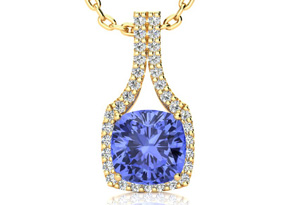 3 Carat Cushion Cut Tanzanite & Classic Halo Diamond Necklace In 14K Yellow Gold (3.5 G), 18 Inches, I/J By SuperJeweler
