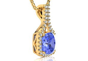 3 Carat Cushion Cut Tanzanite & Classic Halo Diamond Necklace In 14K Yellow Gold (3.5 G), 18 Inches, I/J By SuperJeweler