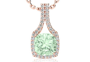 2.5 Carat Cushion Cut Green Amethyst & Classic Halo Diamond Necklace In 14K Rose Gold (3.5 G), 18 Inches, I/J By SuperJeweler