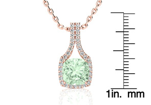 2.5 Carat Cushion Cut Green Amethyst & Classic Halo Diamond Necklace In 14K Rose Gold (3.5 G), 18 Inches, I/J By SuperJeweler