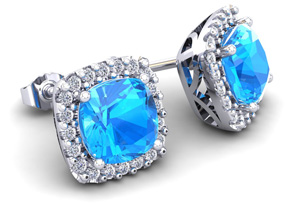 2.5 Carat Cushion Cut Blue Topaz & Halo Diamond Stud Earrings In 14K White Gold (2.6 G), I/J By SuperJeweler