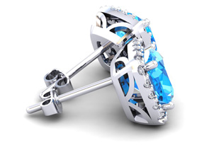 2.5 Carat Cushion Cut Blue Topaz & Halo Diamond Stud Earrings In 14K White Gold (2.6 G), I/J By SuperJeweler