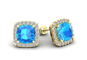 2.5 Carat Cushion Cut Blue Topaz & Halo Diamond Stud Earrings In 14K Yellow Gold (2.6 G), I/J By SuperJeweler