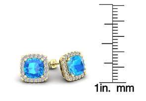2.5 Carat Cushion Cut Blue Topaz & Halo Diamond Stud Earrings In 14K Yellow Gold (2.6 G), I/J By SuperJeweler