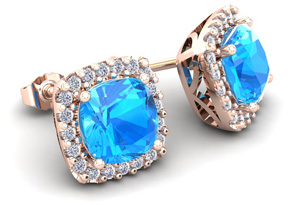 2.5 Carat Cushion Cut Blue Topaz & Halo Diamond Stud Earrings In 14K Rose Gold (2.6 G), I/J By SuperJeweler