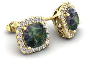 2.5 Carat Cushion Cut Mystic Topaz & Halo Diamond Stud Earrings In 14K Yellow Gold (2.6 G), I/J By SuperJeweler