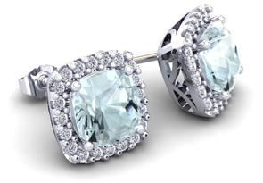 1.5 Carat Cushion Cut Aquamarine & Halo Diamond Stud Earrings In 14K White Gold (2.6 G), I/J By SuperJeweler