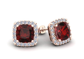 2.5 Carat Cushion Cut Garnet & Halo Diamond Stud Earrings In 14K Rose Gold (2.6 G), I/J By SuperJeweler