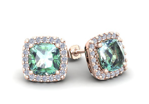2 Carat Cushion Cut Green Amethyst & Halo Diamond Stud Earrings In 14K Rose Gold (2.6 G), I/J By SuperJeweler
