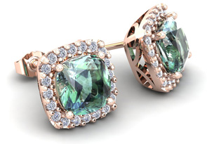 2 Carat Cushion Cut Green Amethyst & Halo Diamond Stud Earrings In 14K Rose Gold (2.6 G), I/J By SuperJeweler