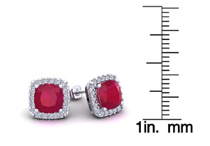 3 Carat Cushion Cut Ruby & Halo Diamond Stud Earrings In 14K White Gold (2.6 G), I/J By SuperJeweler