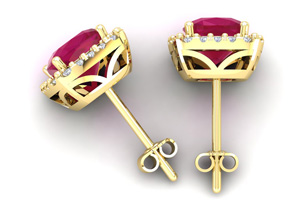 3 Carat Cushion Cut Ruby & Halo Diamond Stud Earrings In 14K Yellow Gold (2.6 G), I/J By SuperJeweler