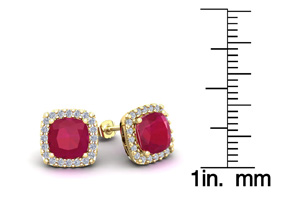 3 Carat Cushion Cut Ruby & Halo Diamond Stud Earrings In 14K Yellow Gold (2.6 G), I/J By SuperJeweler