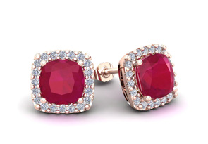 3 Carat Cushion Cut Ruby & Halo Diamond Stud Earrings In 14K Rose Gold (2.6 G), I/J By SuperJeweler
