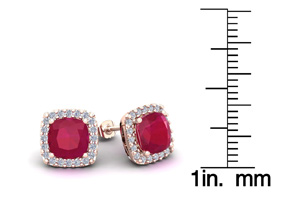 3 Carat Cushion Cut Ruby & Halo Diamond Stud Earrings In 14K Rose Gold (2.6 G), I/J By SuperJeweler