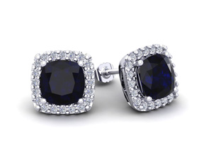 2 1/3 Carat Cushion Cut Sapphire & Halo Diamond Stud Earrings In 14K White Gold (2.6 G), I/J By SuperJeweler
