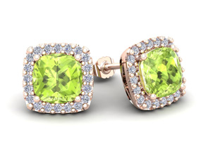3 1/3 Carat Cushion Cut Peridot & Halo Diamond Stud Earrings In 14K Rose Gold (3.5 G), I/J By SuperJeweler