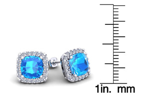 4 Carat Cushion Cut Blue Topaz & Halo Diamond Stud Earrings In 14K White Gold (3.5 G), I/J By SuperJeweler