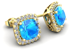 4 Carat Cushion Cut Blue Topaz & Halo Diamond Stud Earrings In 14K Yellow Gold (3.5 G), I/J By SuperJeweler